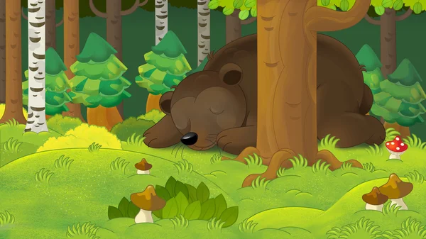 Escena de dibujos animados con un oso durmiendo en el bosque —  Fotos de Stock