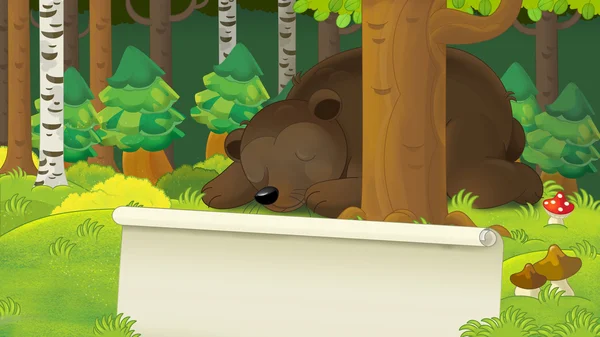 Escena de dibujos animados con un oso durmiendo en el bosque con espacio para el texto — Foto de Stock