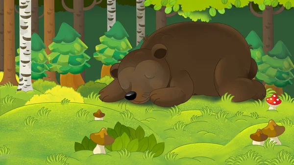 Escena de dibujos animados de un oso durmiendo en el bosque —  Fotos de Stock