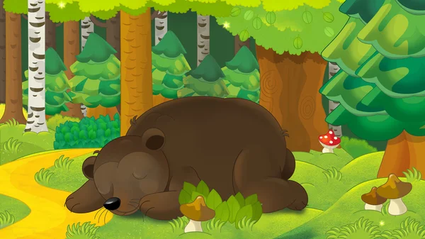 森で眠っているクマの漫画シーン — ストック写真