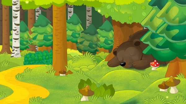 Cartoon scen med en björn som sover i skogen — Stockfoto
