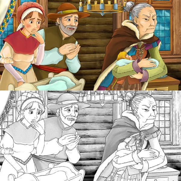 Cartoon medieval scene of married couple with small child in the cradle — Stock Photo, Image