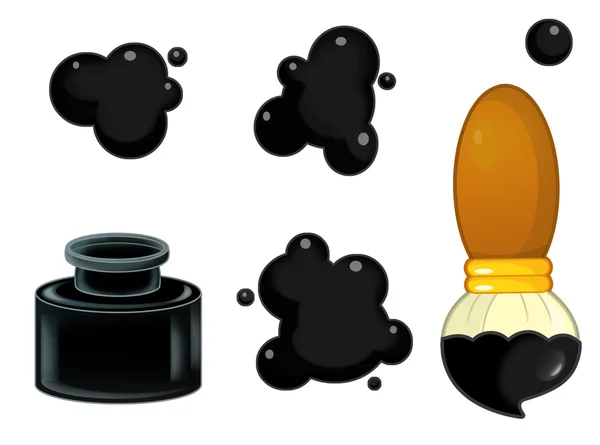 Cartoon art tools - inkwell brush and ink splashes - isolated — Stock Photo, Image