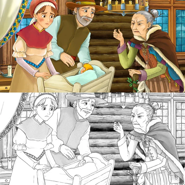 Cena dos desenhos animados de um casal com criança em um berço e uma mulher idosa - com página adicional para colorir — Fotografia de Stock