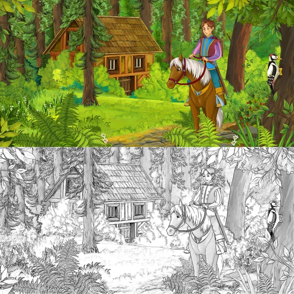 Nobile dei cartoni animati che cavalca un cavallo bianco - principe o re - con pagina da colorare aggiuntiva — Foto Stock