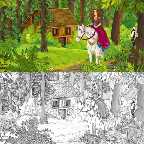 Chica de dibujos animados cabalgando en un caballo blanco - princesa o reina - con página adicional para colorear — Foto de Stock