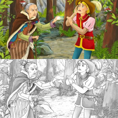 Soylu bir adam ve ona büyü bir cadı ile karikatür manzara