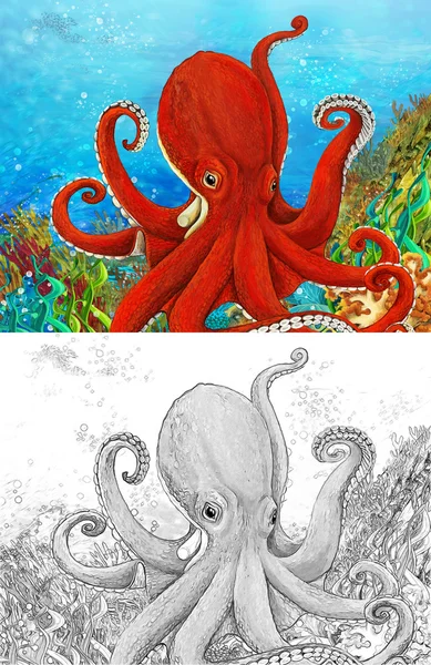 Het koraalrif - octopus - met kleurplaten pagina - afbeelding voor de kinderen — Stockfoto