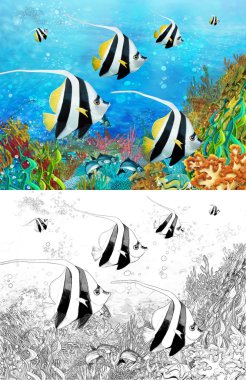 Sayfa boyama ile - küçük renkli mercan balıklar - mercan resif