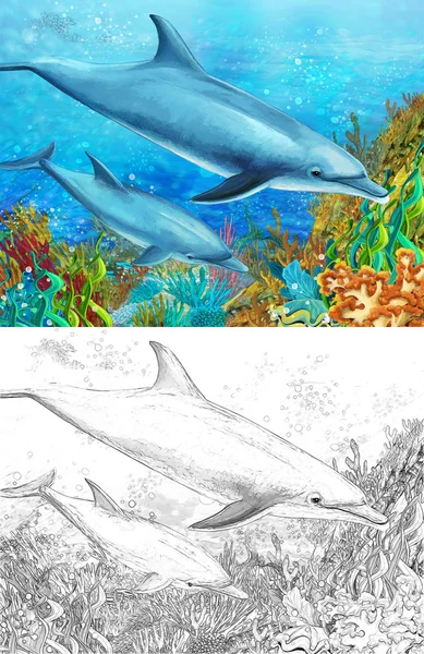 Γελοιογραφία κοραλλιογενή ύφαλο με δελφίνια — Φωτογραφία Αρχείου