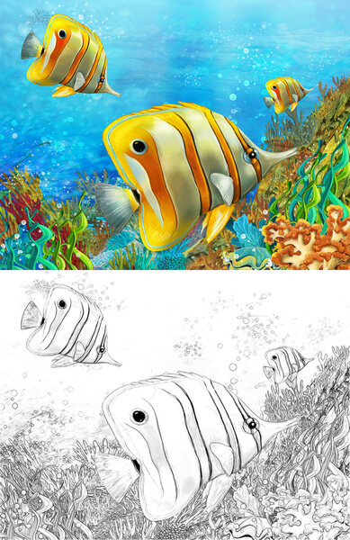 The coral reef - small colorful coral fishes - with coloring page