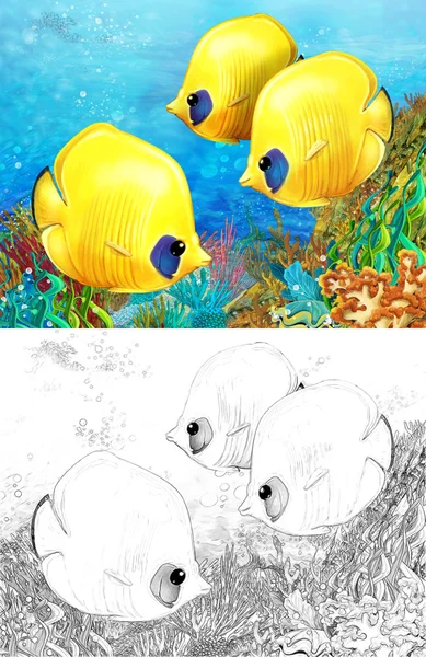 The coral reef - small colorful coral fishes - with coloring page — Stock Photo, Image