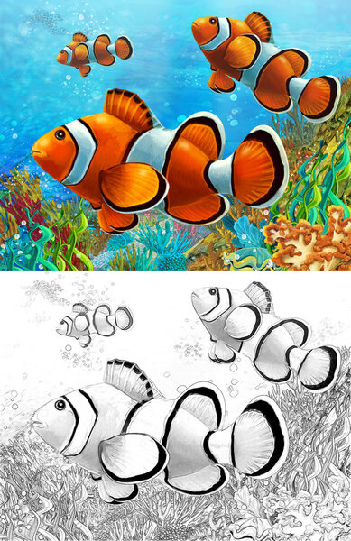 The coral reef - small colorful coral fishes - with coloring page