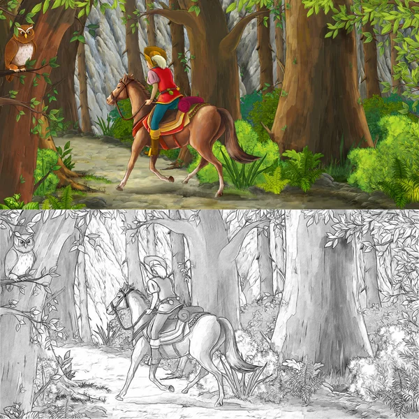 Мультфильм сцена с лошадью, которая едет через лес в неизвестном направлении - с раскраской страницы - иллюстрация для детей — стоковое фото