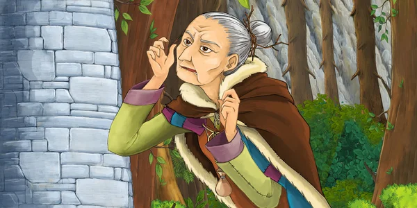 卡通场景的岩石壁附近一位老妇人 — 图库照片