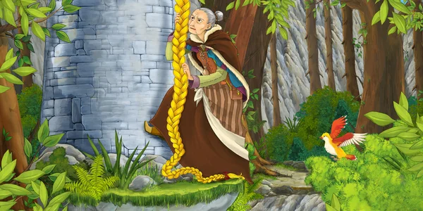 Cartoon scen av en gammal dam klättring den steniga vägg — Stockfoto