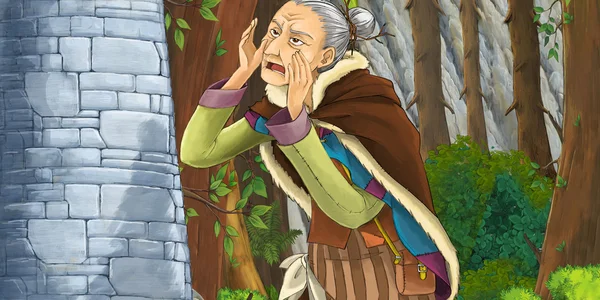 Мультфильм о старушке у скальной стены — стоковое фото