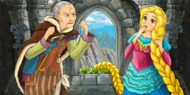 Güzel genç kız ve yaşlı kadın söz ile karikatür manzara