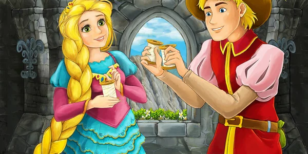 Desenhos animados casal feliz falando em uma sala de castelo — Fotografia de Stock