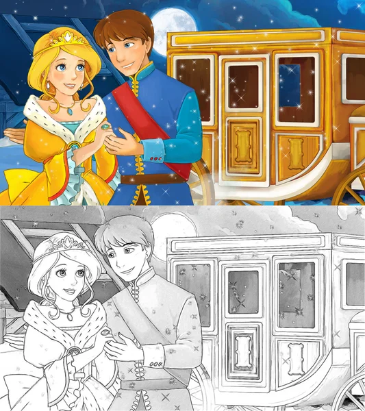 Scène de dessin animé avec prince et princesse et château — Photo