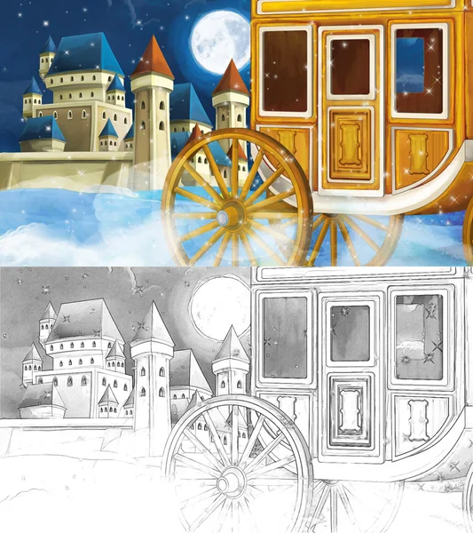 Escena de dibujos animados de un carro clásico cerca del castillo - con página para colorear — Foto de Stock