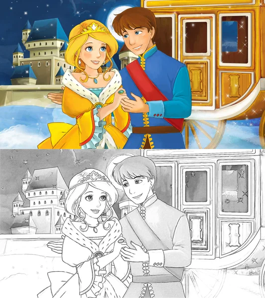 Scène de dessin animé avec prince et princesse et château — Photo