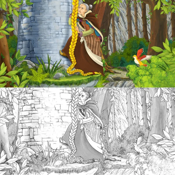 Cartoon scene of an old lady climbing near the rocky wall - with coloring page — Stock Photo, Image