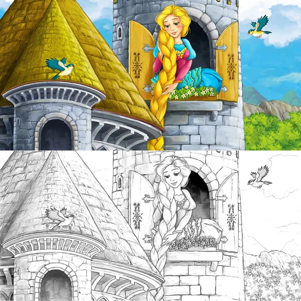 Sayfa boyama ile masal sahne ile kale kule - Prenses penceresinde - çizgi film — Stok fotoğraf