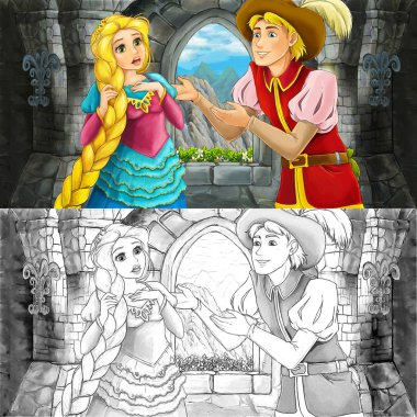 Bir kale odada konuşuyor karikatür mutlu çift