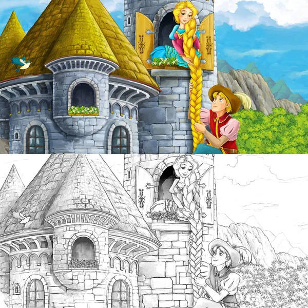 Cartoon medieval scene of a prince and princess - prince is climbing - beautiful manga girl - with coloring page - illustration for children