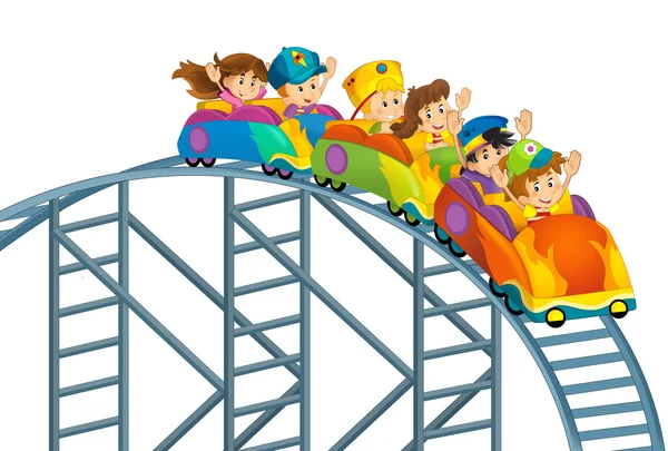 Desenhos animados crianças em uma montanha-russa - isolado - ilustração para crianças — Fotografia de Stock