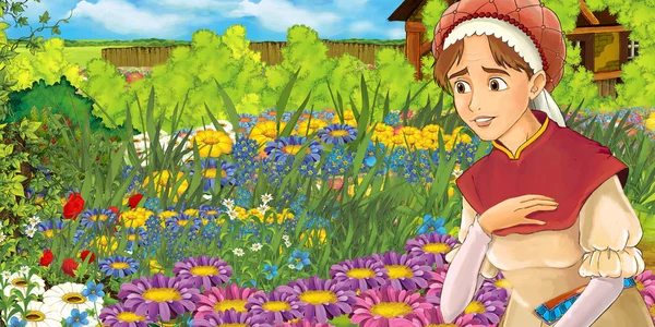 Dibujos animados granja escena de una mujer en el jardín —  Fotos de Stock