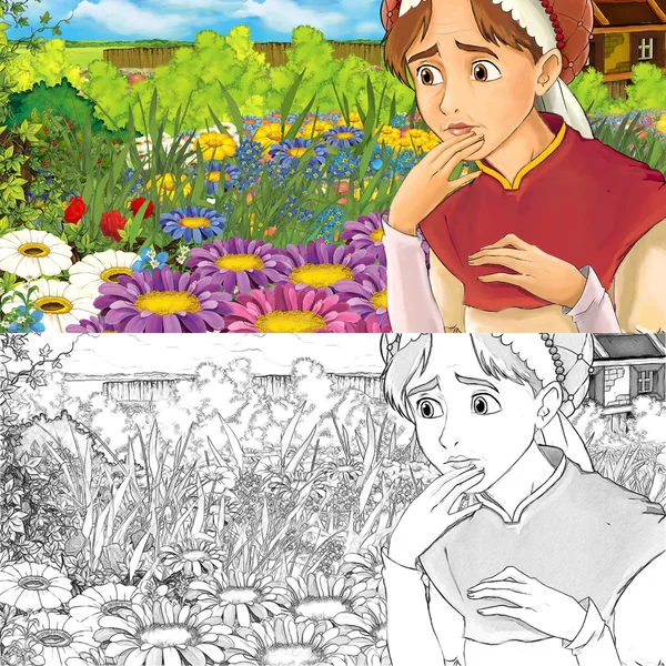 Cartoon gård scen av en kvinna i trädgården - med målarbok — Stockfoto