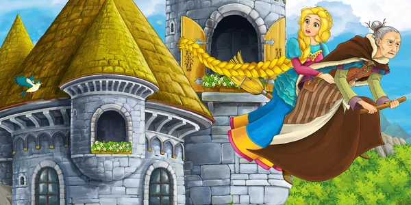 Kreslené pohádky scéna s princezna létající na koštěti se čarodějnice — Stock fotografie