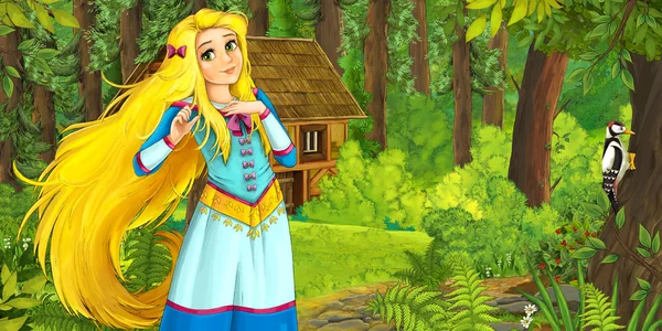 Cartoon nature scene with old house in the forest and pretty girl in the first stage — Stock Photo, Image