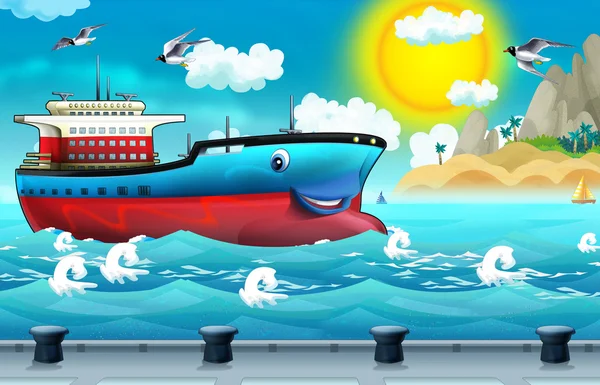 Cartoon scène met een vrachtschip zeilen in de haven — Stockfoto