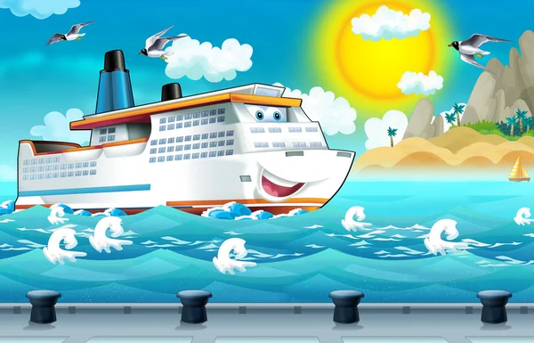 Cartoon scène met een schip van de kruiser zeilen in de haven — Stockfoto