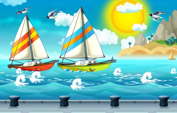 Cartoon scène met zeilboot zeilen in de haven — Stockfoto