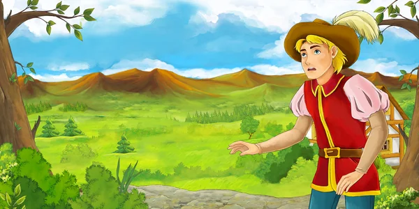 Cartoon scene man - traveler - looking around - near the meadow — Stock Photo, Image