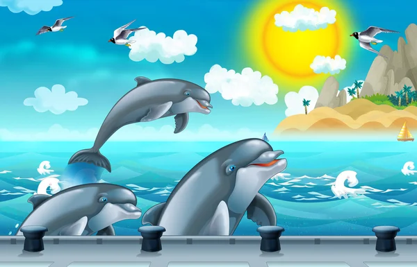 Fondo Dibujos Animados Mar Con Delfines Estación Atraque Para Barcos —  Fotos de Stock