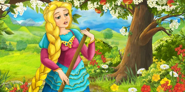 Desenhos animados menina feliz sob macieira perto do prado — Fotografia de Stock
