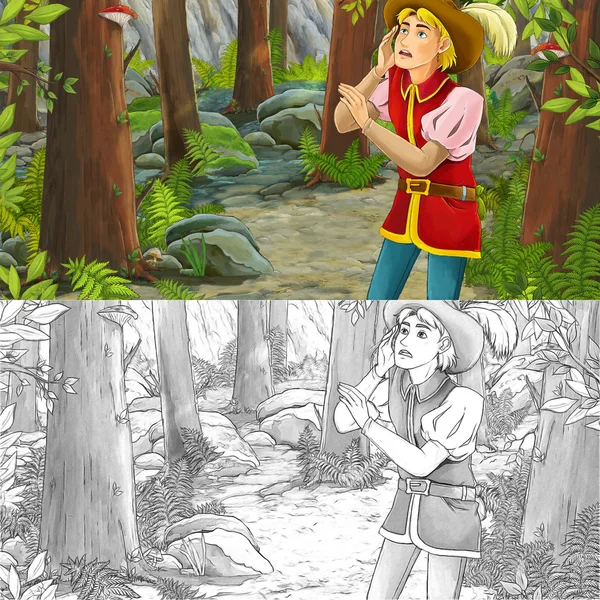 Ormanda dinlenme bir süvari ile çizgi film sahne — Stok fotoğraf