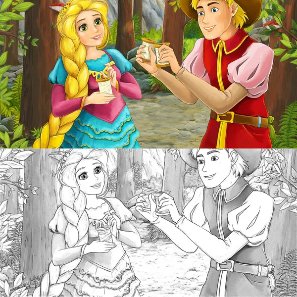 Dessin animé couple heureux parlant dans la forêt — Photo