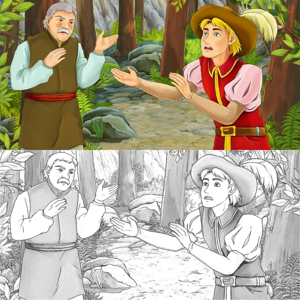 Cartoon scene of two men talking in the forest — Stock Photo, Image