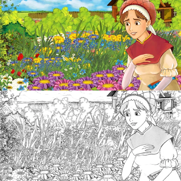 Scène Dessin Animé Avec Une Femme Regardant Jardin Cour Arrière — Photo