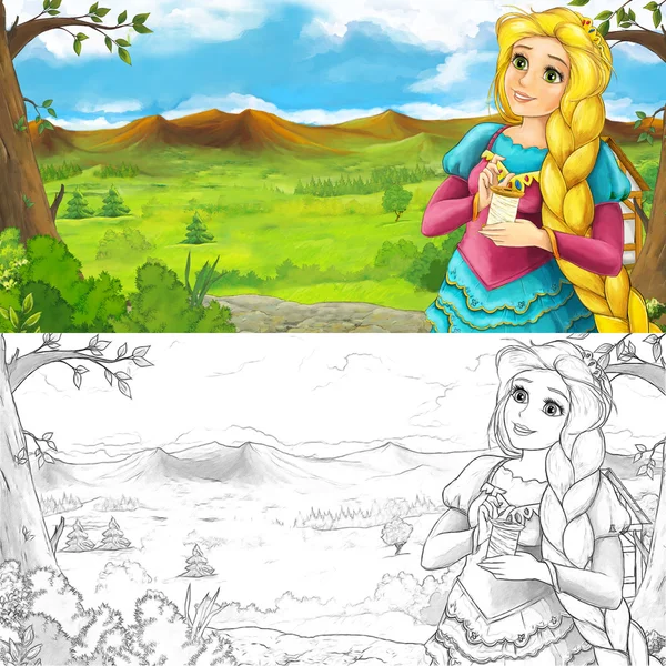 Карикатура на женщину - принцессу - рядом с лугом — стоковое фото