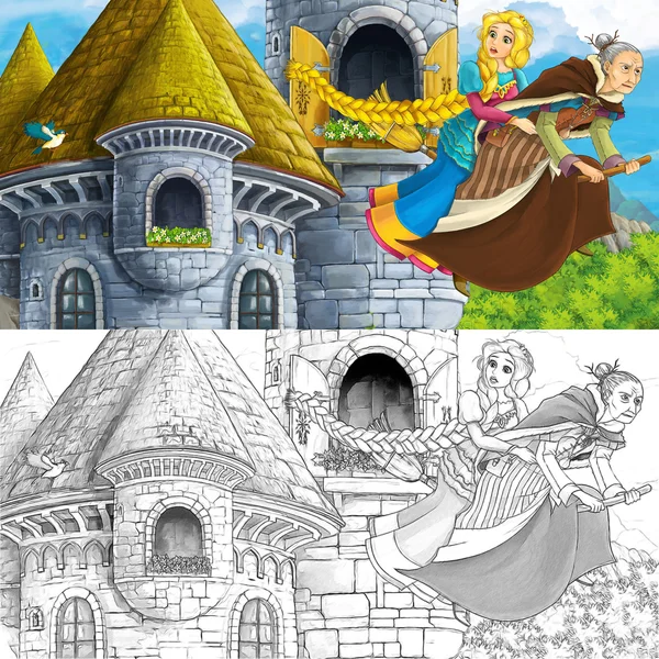Kreslené pohádky scéna s princeznou, létání na koštěti se čarodějnice - s barevné stránky — Stock fotografie