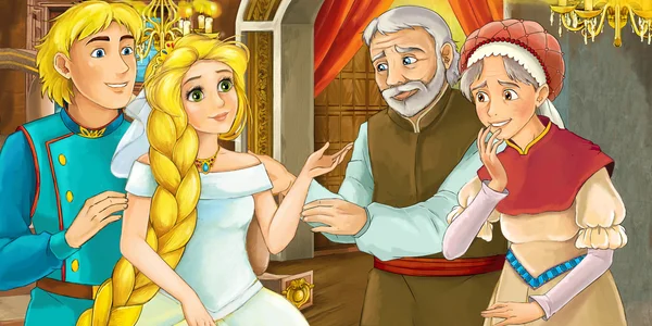 Escena de dibujos animados de un príncipe y una princesa en el castillo - bendición de los padres - con página para colorear — Foto de Stock