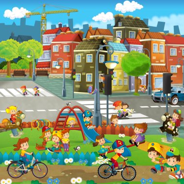 Cartoon happy scene of a playground in the city - kids having fun playing clipart