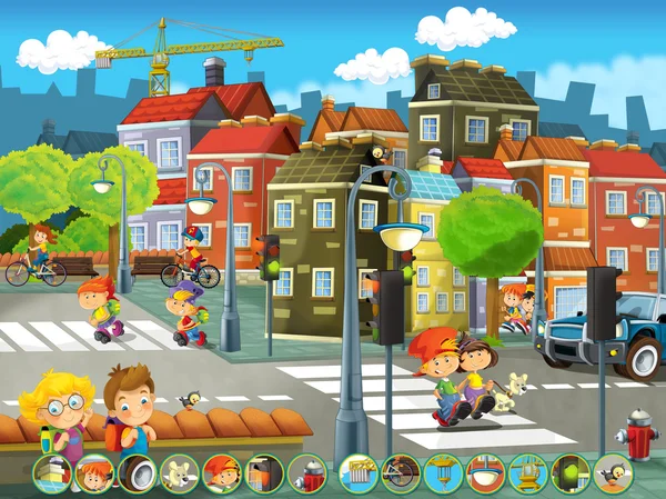 Cartoon happy scen av en lekplats i staden - barn ha roligt spelar - söker spel — Stockfoto